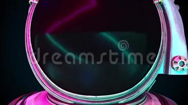 一个穿着金属防护服的宇航员在霓虹灯的照耀下。 计算机生成的空间<strong>背景</strong>，三维渲染